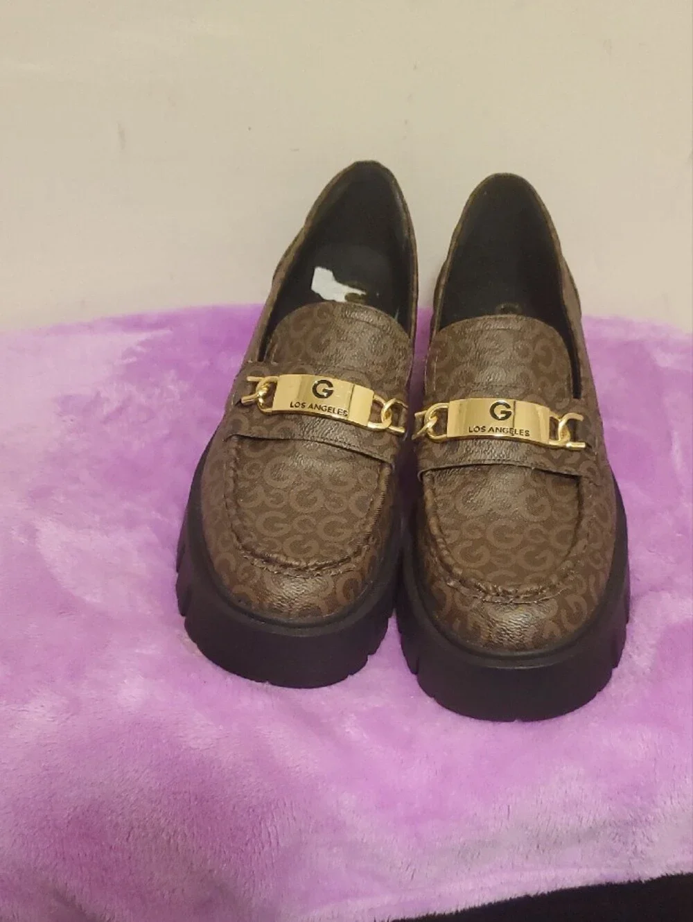 GBG Los Angeles Brown Monogram Chunky Loafers with Gold Hardware